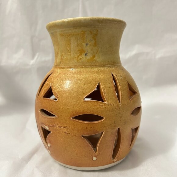 Walt Glass Art Pottery Signed Desert Brown Drip Cut Out Candle Holder Luminary - Picture 4 of 14